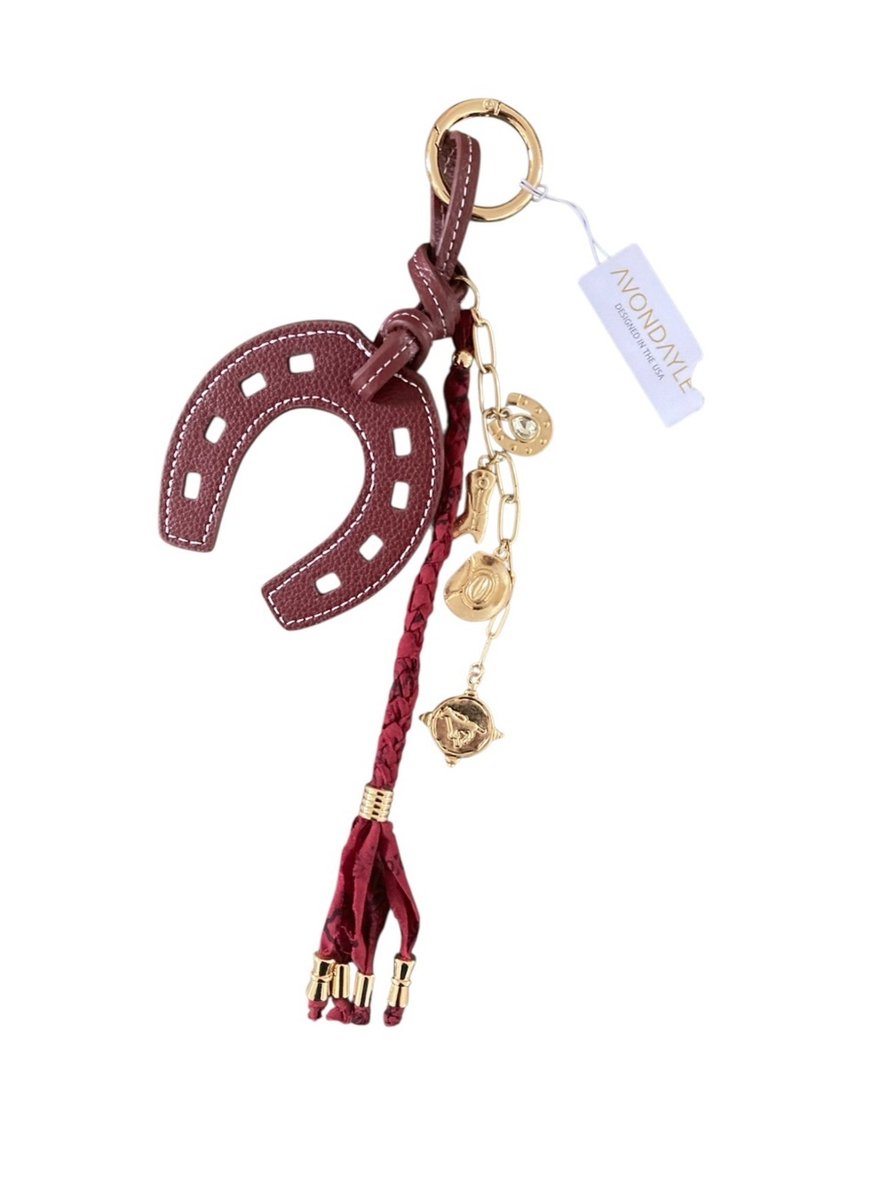 Avondayle Burgundy Leather Horseshoe Bag Charm NWT Gold Tassel Keychain Accessor